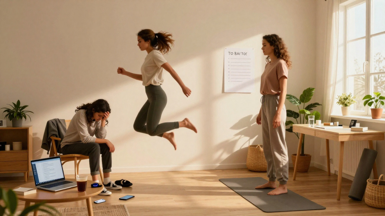 Three women in a room, one sitting stressed, one jumping energetically, and one standing on a yoga mat.