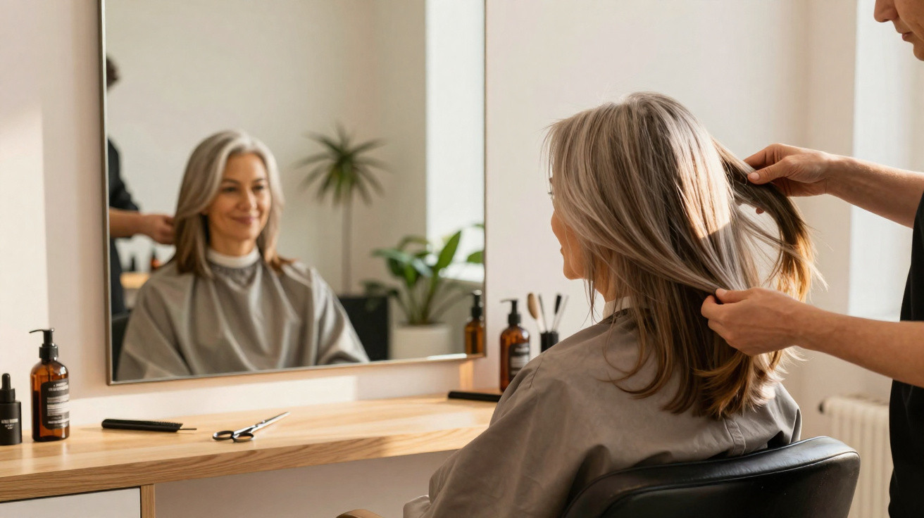 Middle-aged woman with grey hair sitting in a salon chair, stylist holding her hair, smiling in mirror reflection.