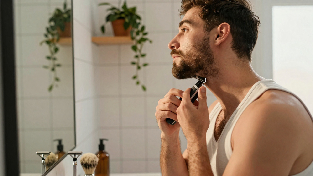 Man shaving his beard with an electric razor in a bathroom with white tiled walls and green plants.