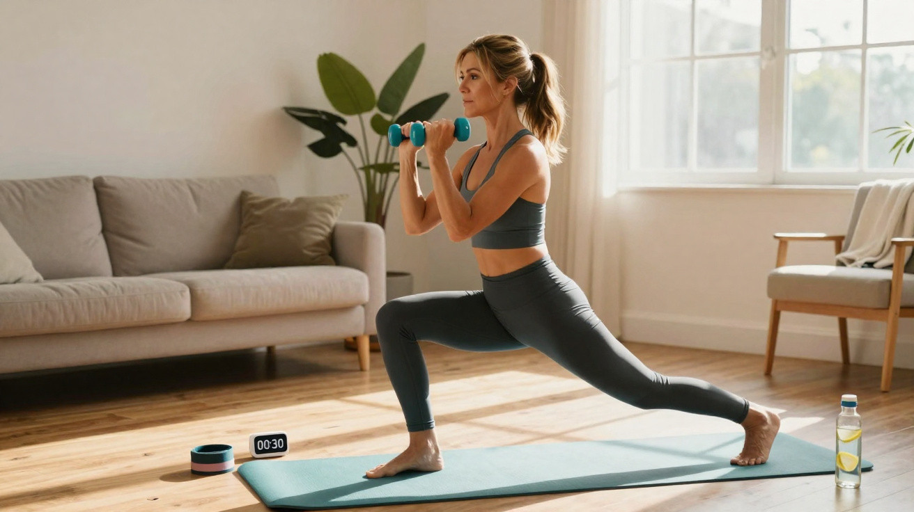 Woman in sportswear doing lunges with dumbbells on a yoga mat in a sunlit living room.