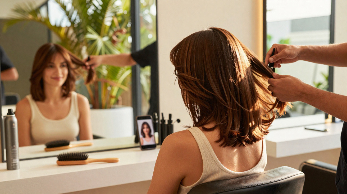 Woman sitting in a salon chair getting her hair styled by a hairdresser in front of a mirror.