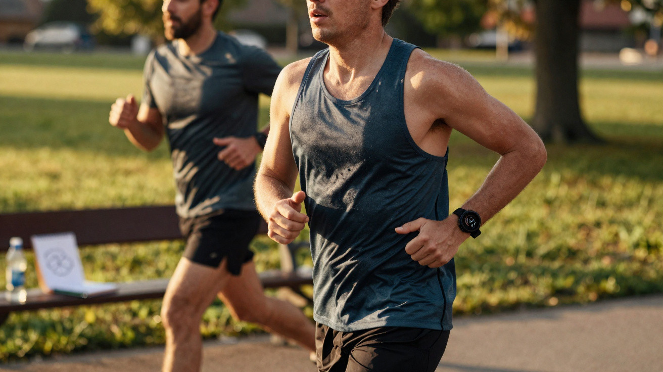 Two men jogging outdoors in a park on a sunny day wearing sportswear and smartwatches.