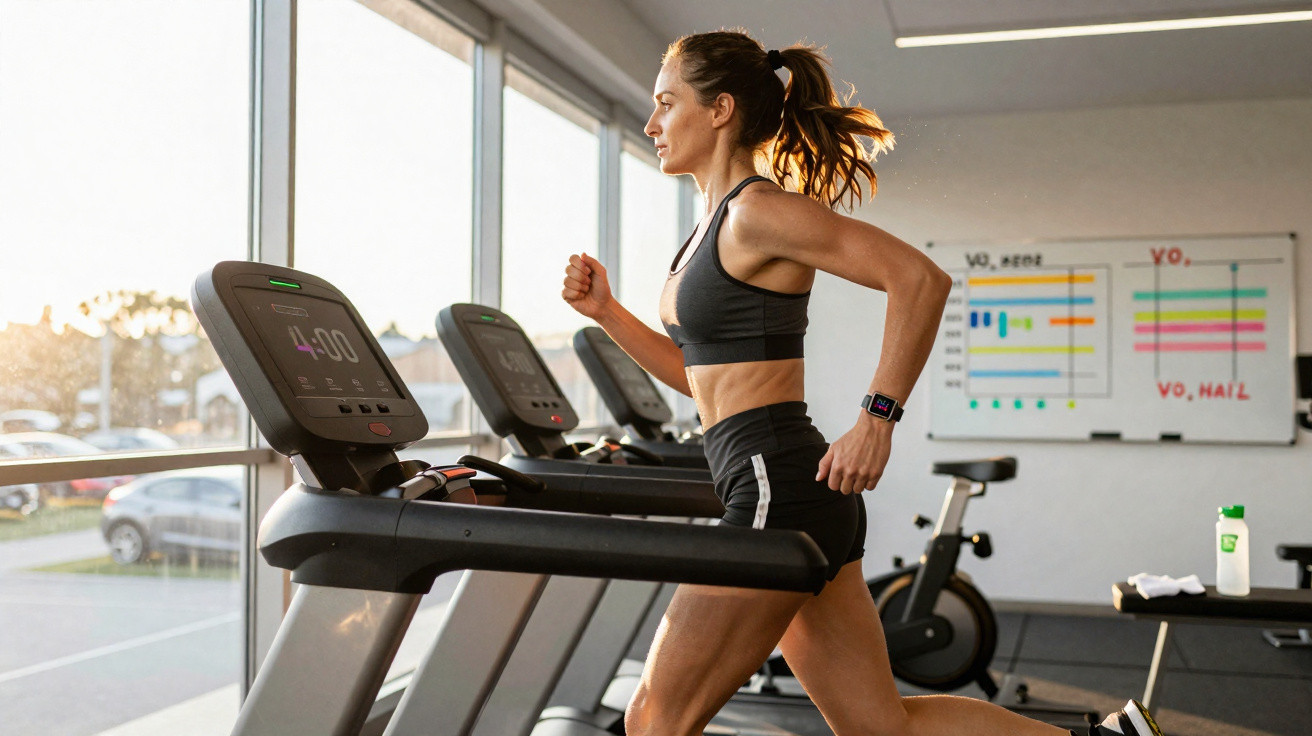 Woman in sportswear running on a treadmill in a gym with exercise bikes and a whiteboard in the background.