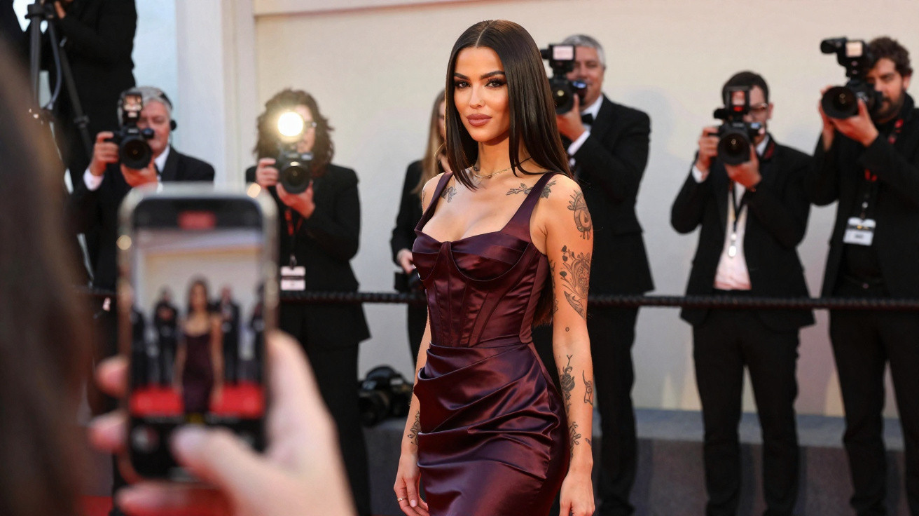 Woman in a satin burgundy dress posing on a red carpet while photographers take pictures at an event.