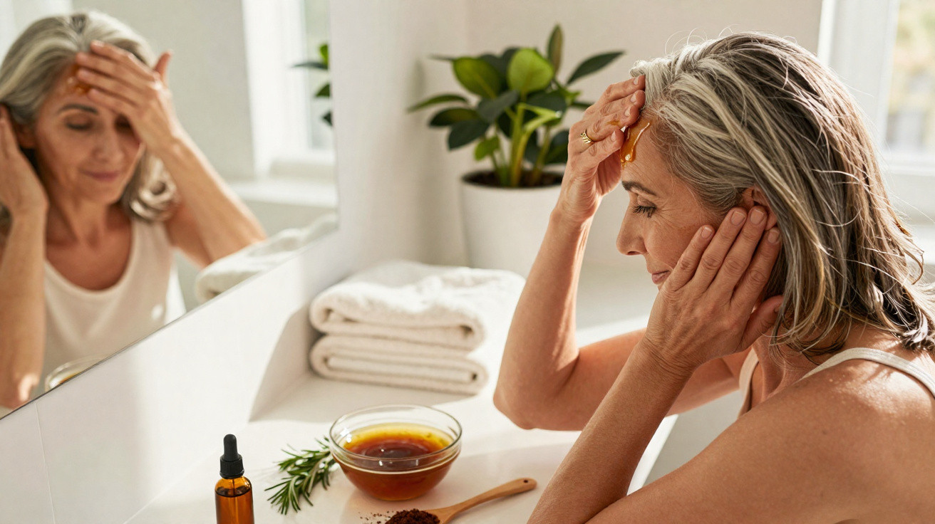 Mature woman applying honey hair mask in bathroom with towels and plant on the counter.