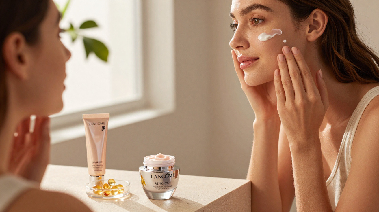 Woman applying face cream with Lancôme skincare products on countertop in natural light.