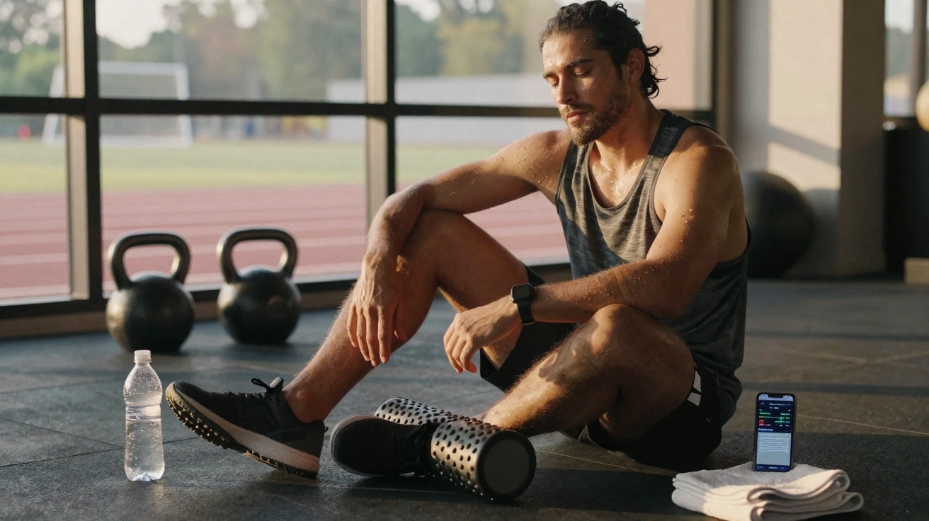 Man in gym wear sitting on floor with foam roller, water bottle, and smartphone after workout session