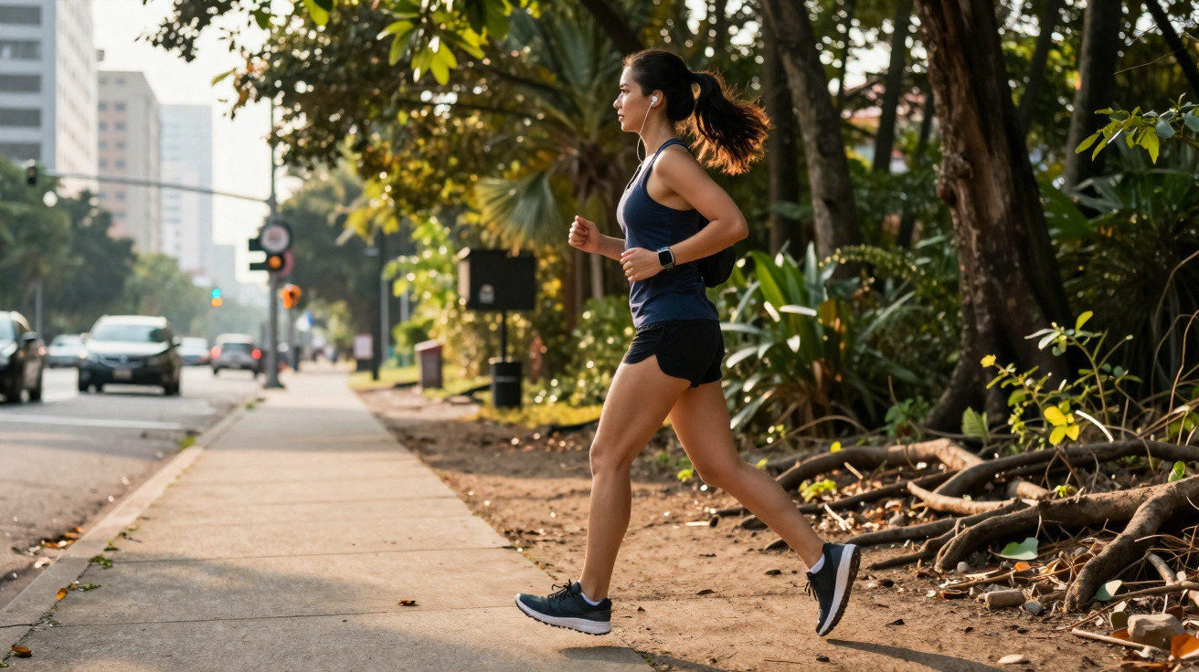 Woman jogging on a city sidewalk next to trees and traffic during daylight in urban park setting.