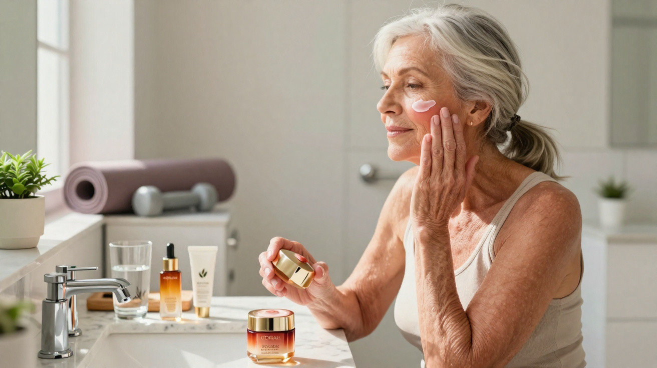 Older woman applying face cream in a bright bathroom with skincare products on the counter