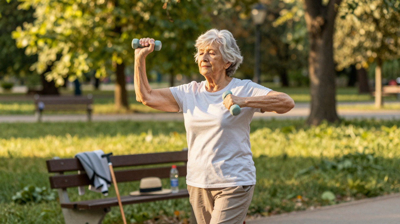 Elderly woman exercising with light dumbbells in a sunlit park near a bench with personal items.