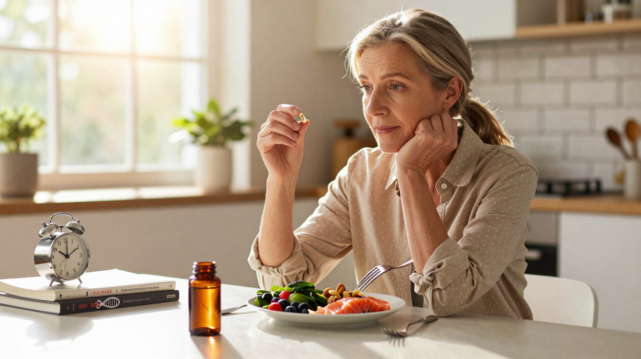 Middle-aged woman sitting at a kitchen table holding a pill, with a plate of food and medicine bottle nearby.