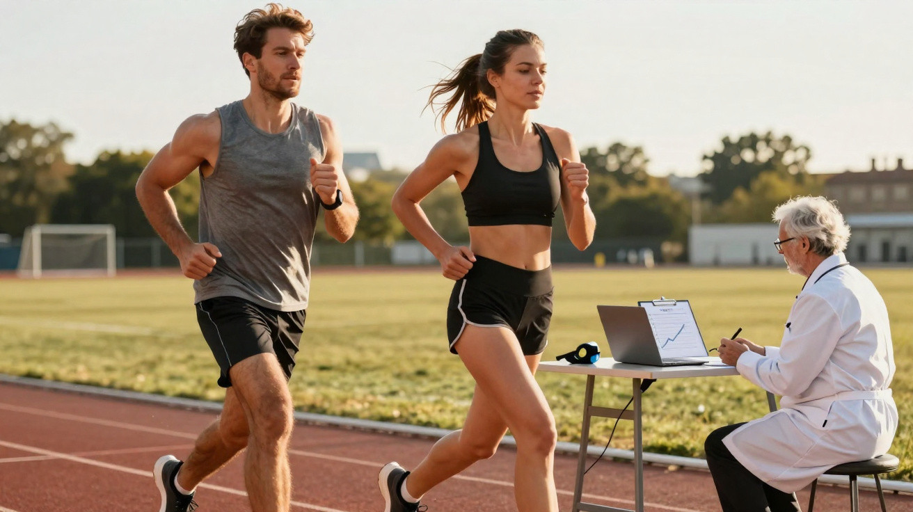 Two runners in sportswear jogging on a track while a man in a lab coat takes notes at a table nearby.