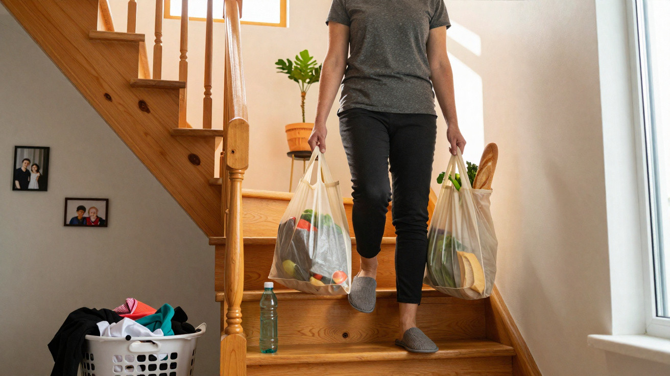 Person carrying two reusable bags of groceries down wooden stairs inside a home.