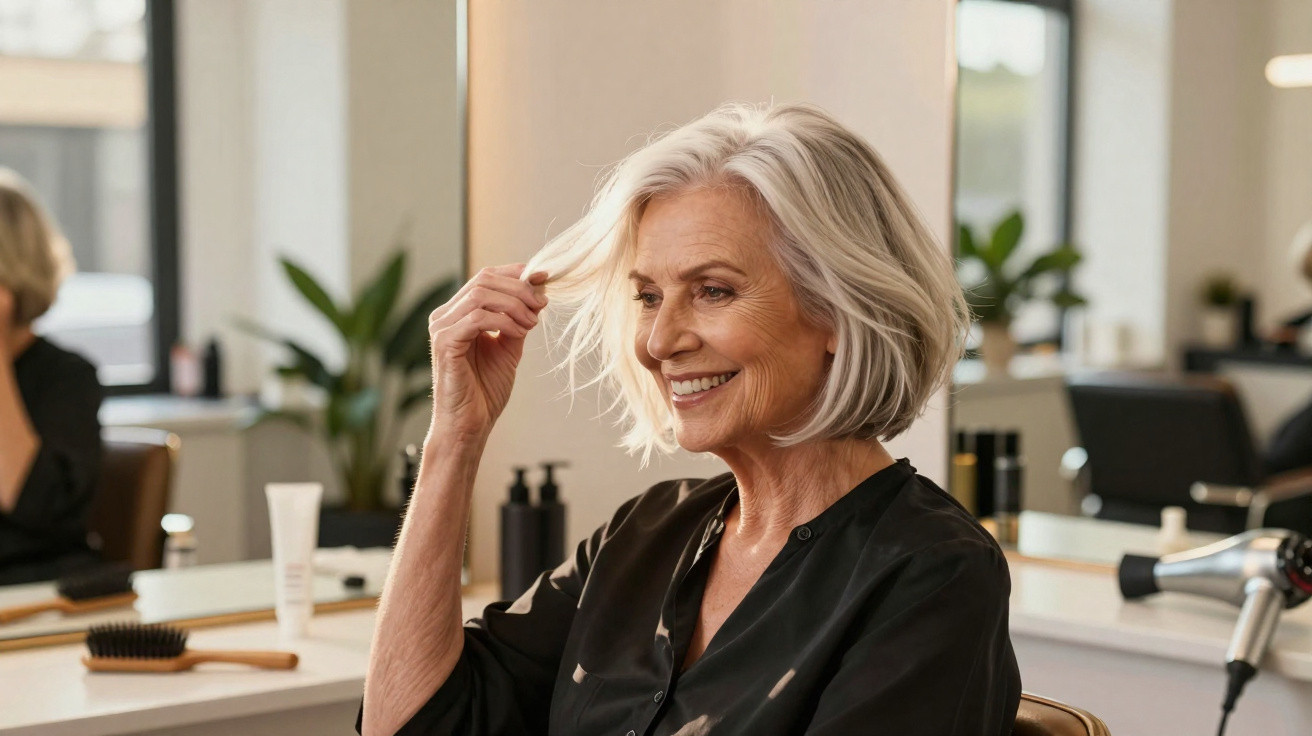 Smiling senior woman with short grey hair sitting in a hair salon touching her hair in front of a mirror.