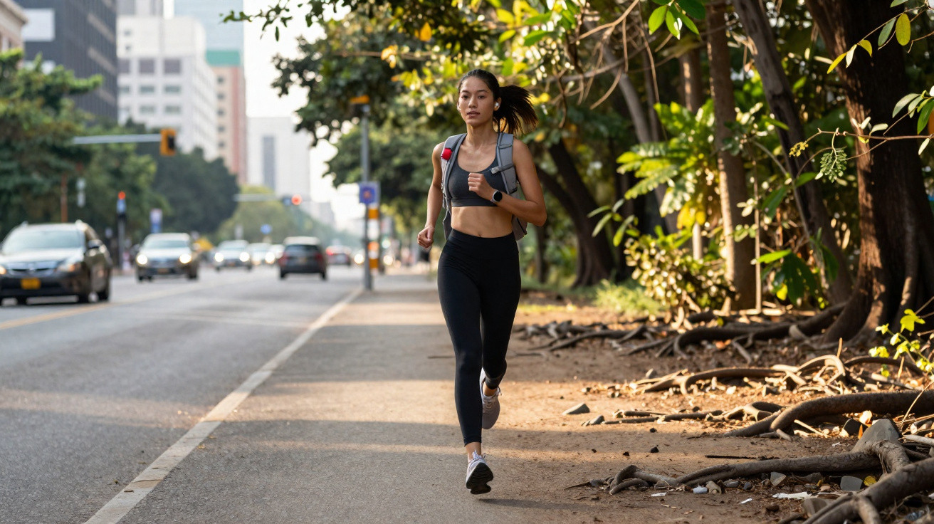 Young woman jogging on a city sidewalk next to trees and traffic on a sunny day.