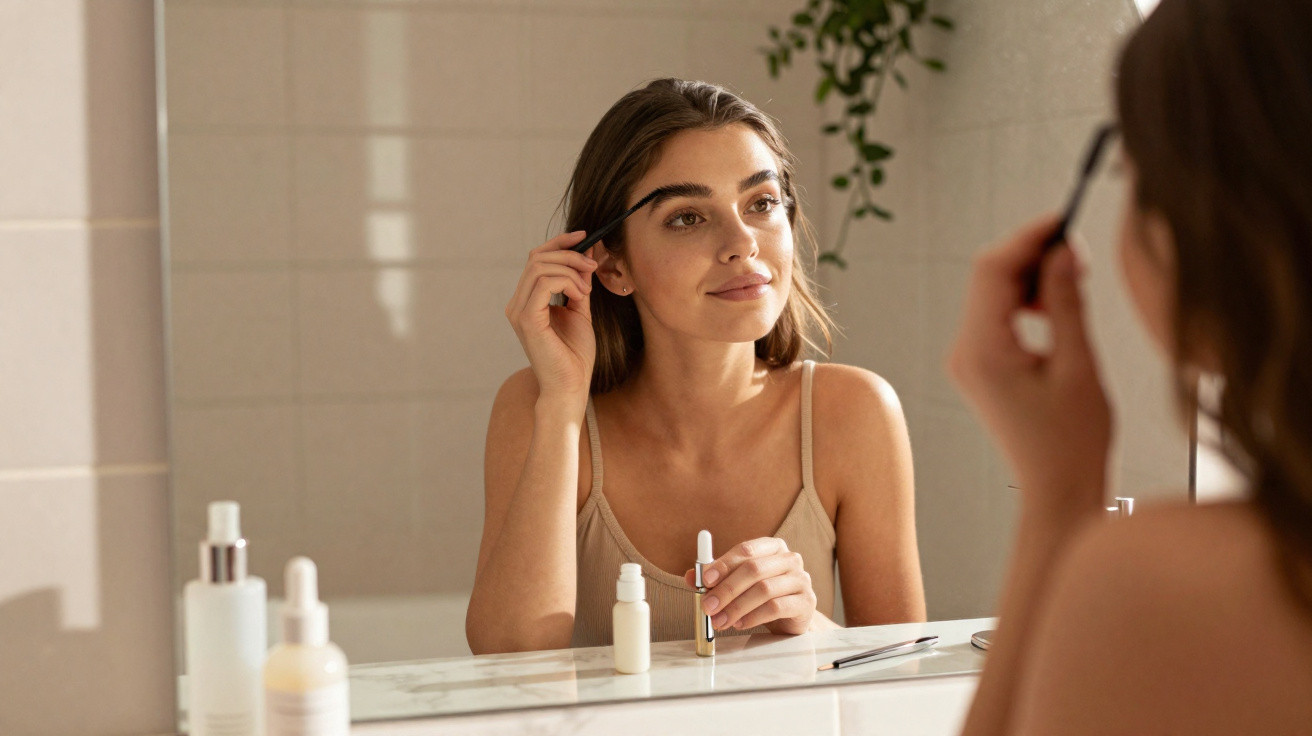 Young woman applying eyebrow makeup while looking into a bathroom mirror with skincare products on the counter.
