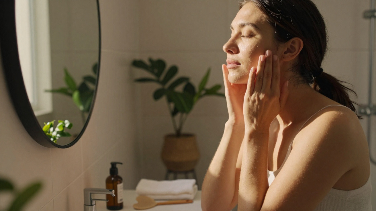 Woman with eyes closed gently massaging her face in a sunlit bathroom with plants and mirror in the background.