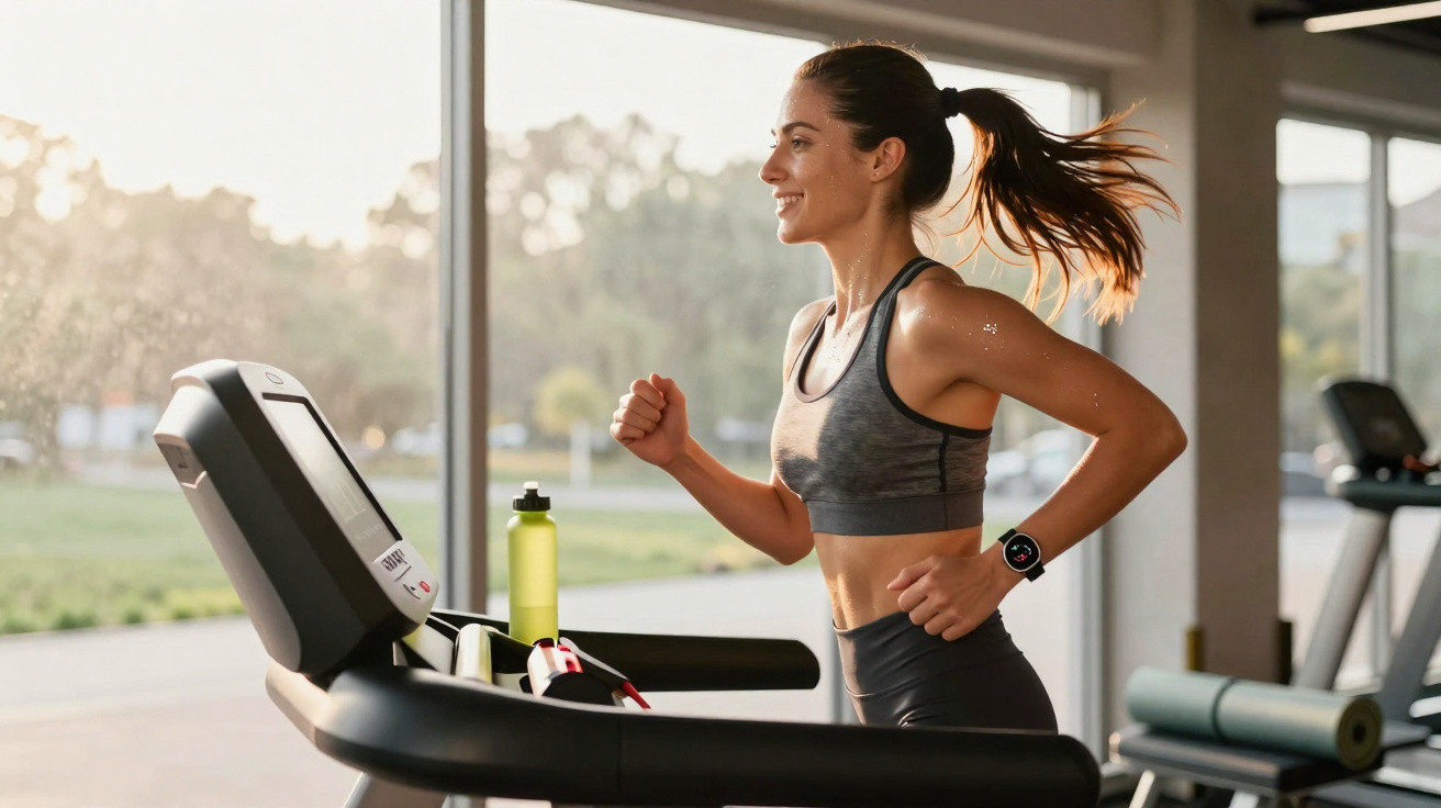 Woman in sportswear running on a treadmill indoors near large windows with a water bottle beside her