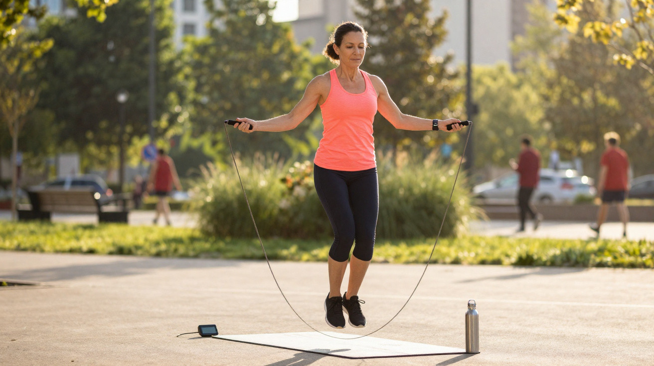 Woman skipping rope outdoors on a mat in a park during daylight with trees and people in the background.