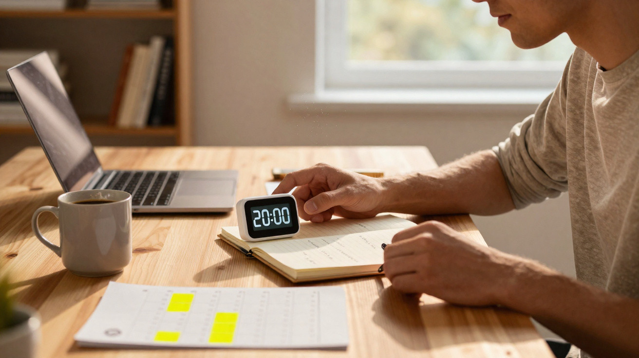 Person sitting at wooden desk with laptop, cup of coffee, calendar, notebook, and digital timer showing 20:00.