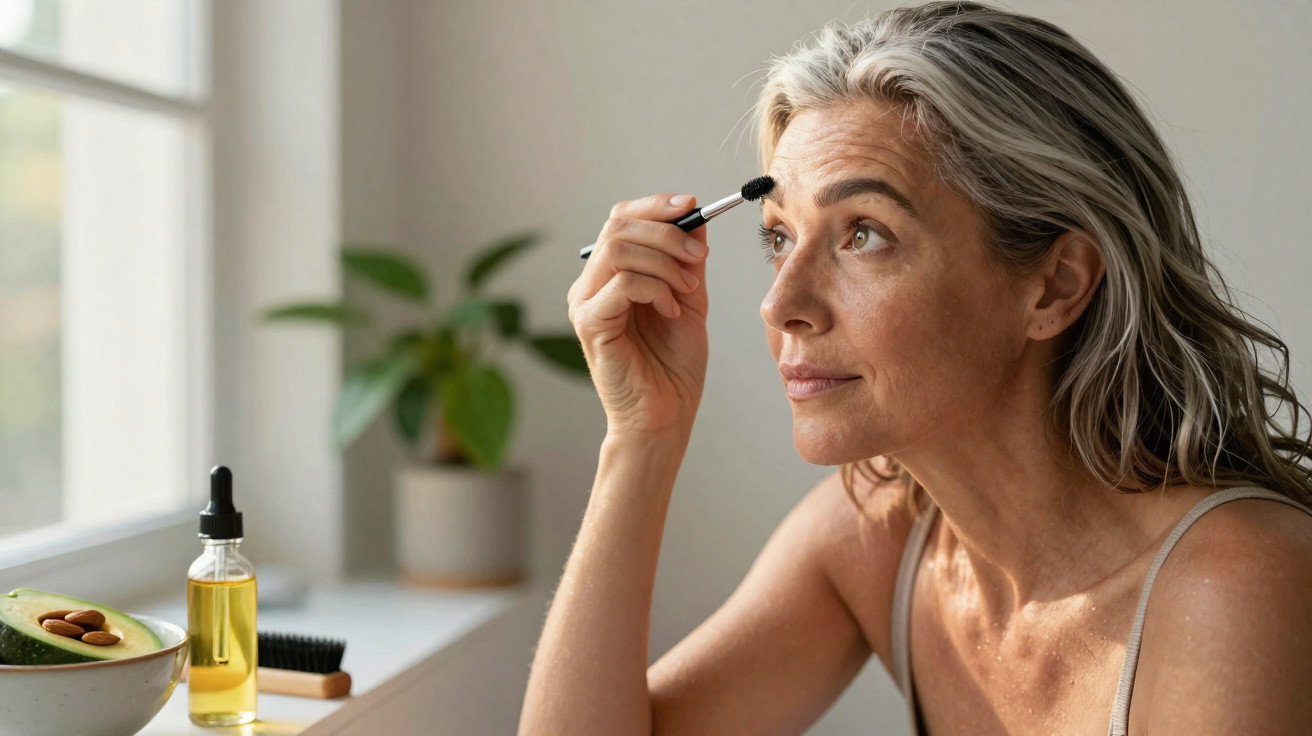 Mature woman applying eyebrow makeup with a brush near a window in a softly lit room.