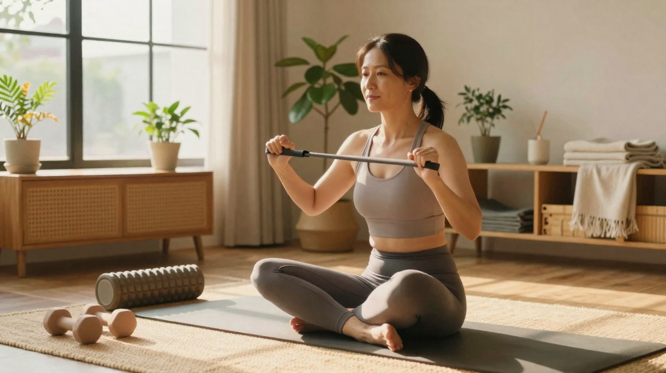 Woman in grey sportswear doing seated stretching exercises on a yoga mat in a sunlit room.