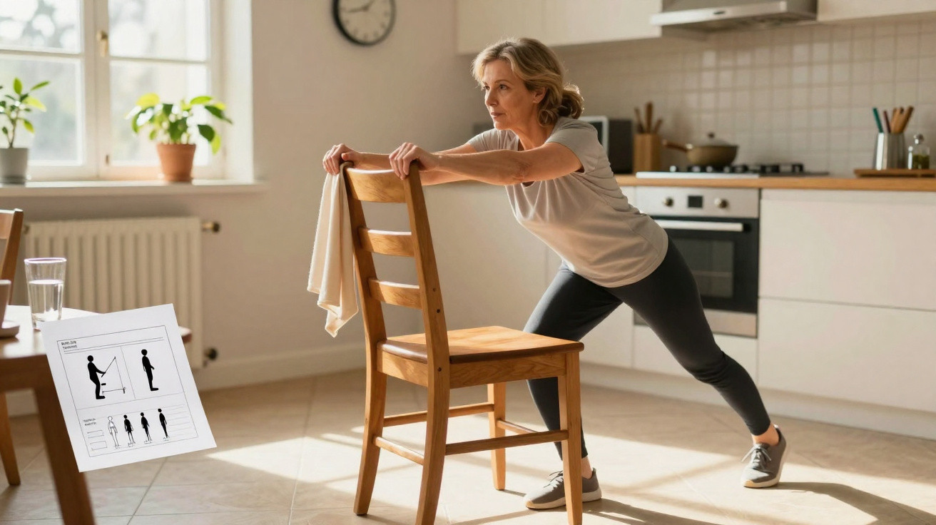 Middle-aged woman stretching calves using a wooden chair in a bright kitchen.