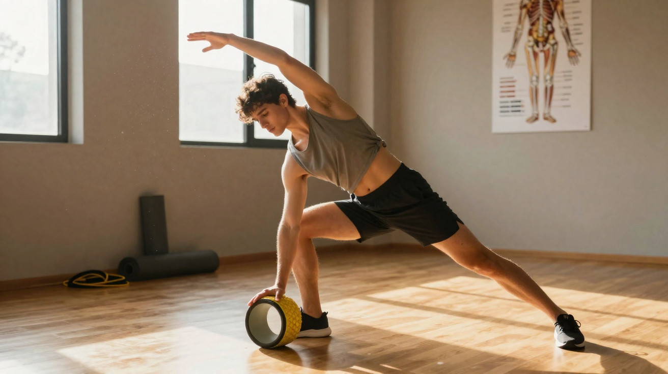 Young man stretching with a foam roller in a sunlit fitness studio with anatomical poster on the wall.