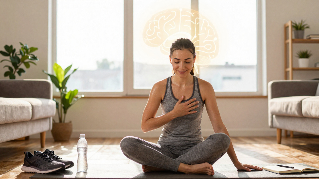 Woman meditating in a sunlit living room with a digital brain illustration above her head.