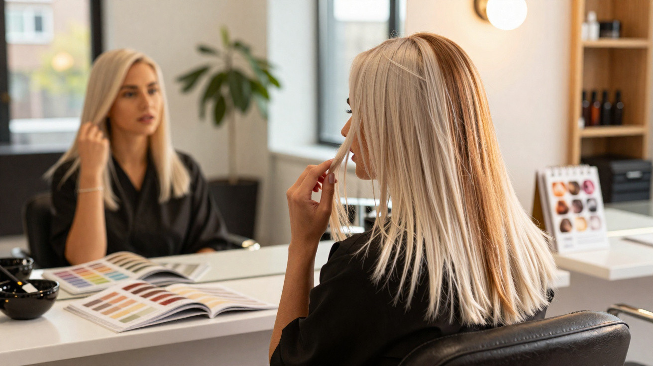 Woman with blonde hair looking at her reflection in a salon mirror with hair colour samples on the table.