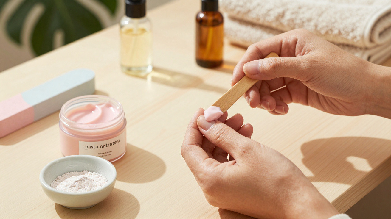 Hands applying pink cream on fingernails with wooden stick, surrounded by nail care items on wooden table.