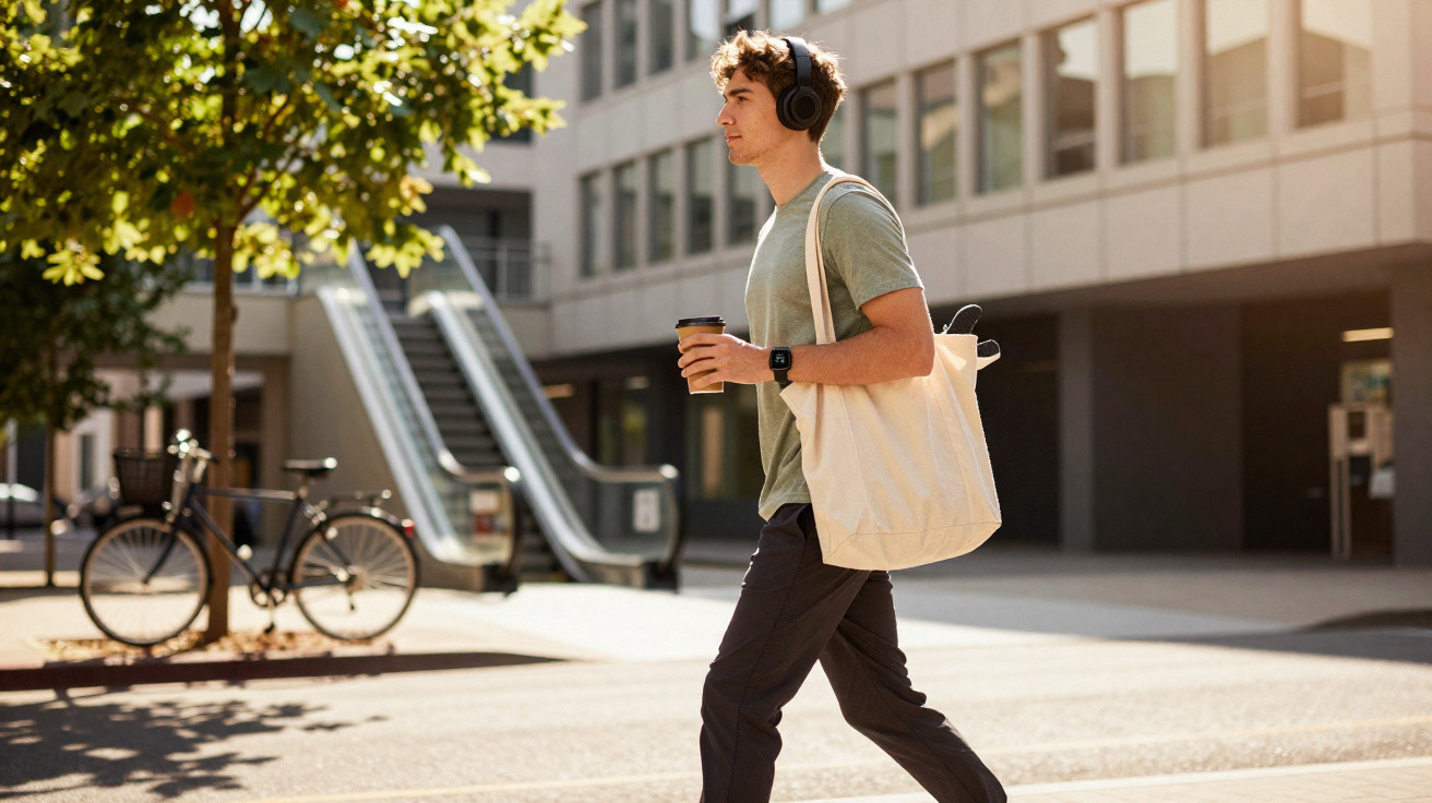 Young man wearing headphones and carrying a tote bag walks with a coffee outside an office building.