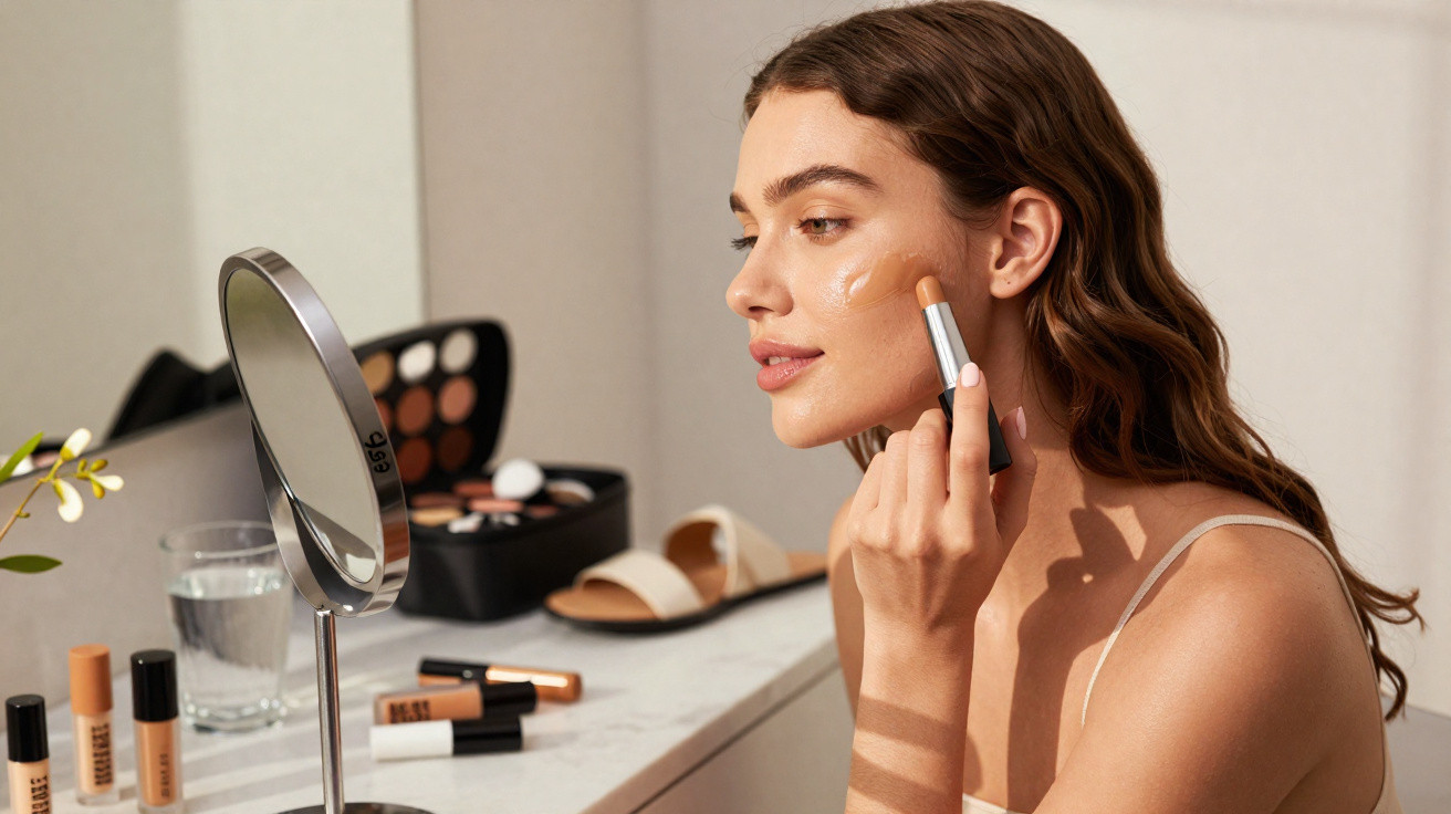 Woman applying foundation with a brush while looking into a mirror on a white vanity table.