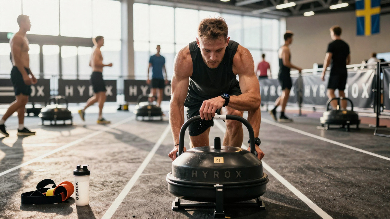 Man in gym pushing a weighted Hyrox sled with others exercising in the background under bright windows.