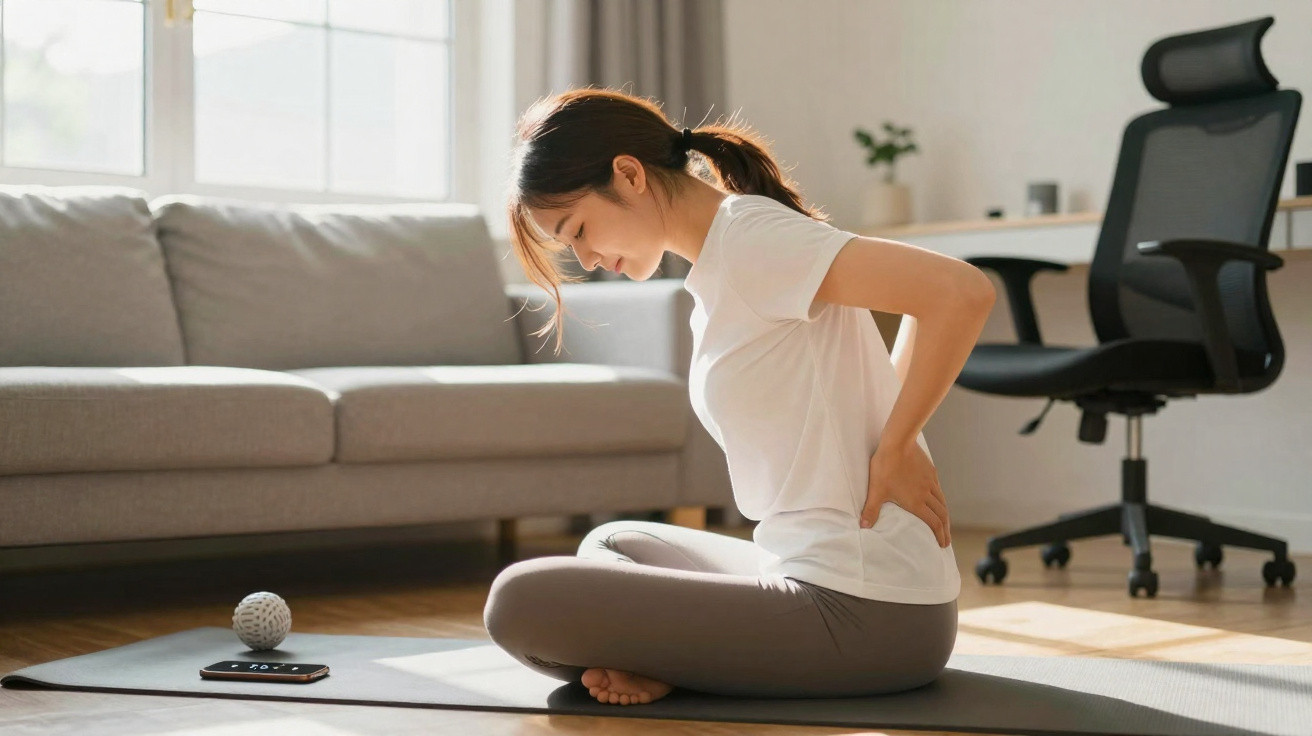Woman sitting cross-legged on a yoga mat holding her lower back in pain in a bright living room.