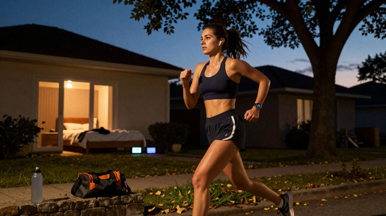 Woman running outdoors in shorts and sports bra near houses at dusk with a water bottle and gym bag nearby.