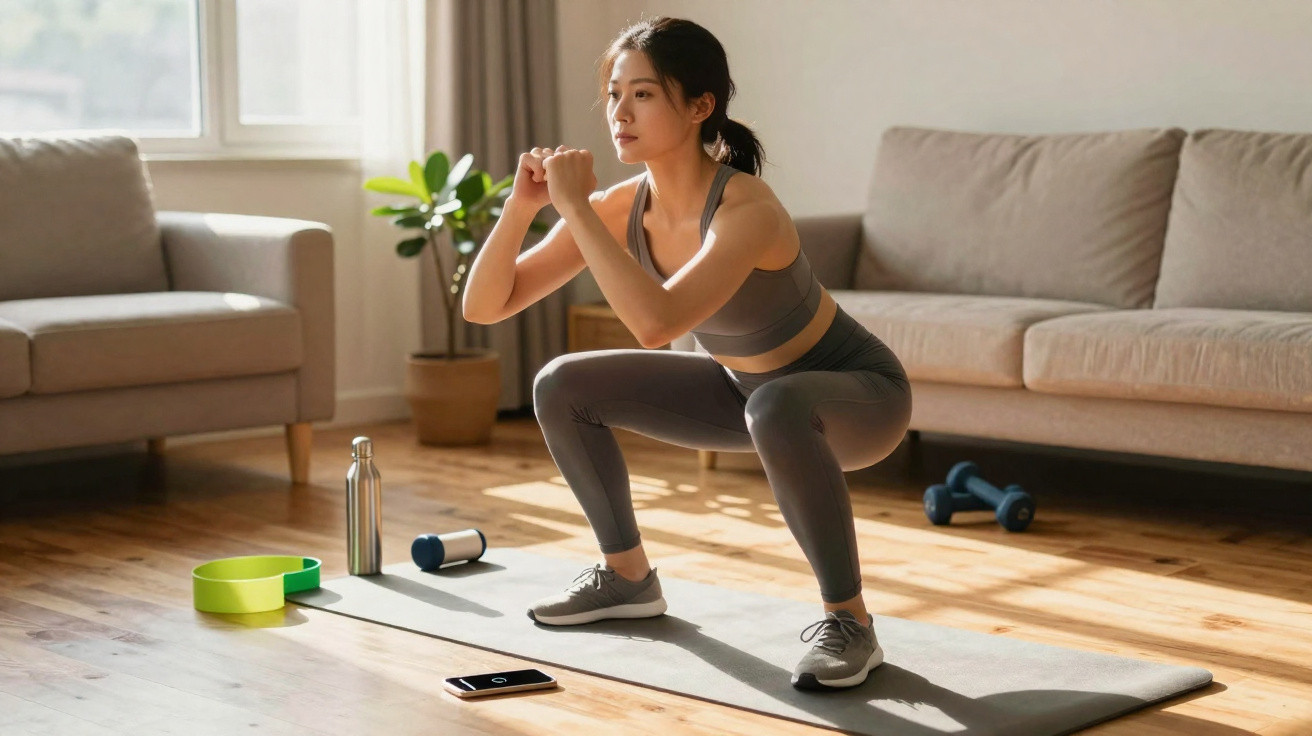 Woman in sportswear doing squats on a yoga mat in a sunlit living room with exercise equipment nearby.