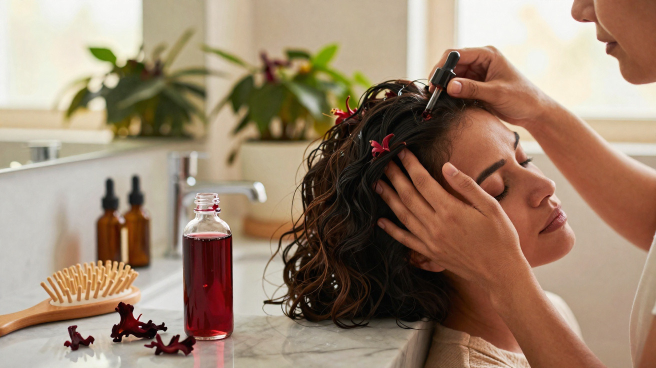 Person applying hair oil with dropper to another person's scalp in a bathroom setting with plants and a brush nearby.
