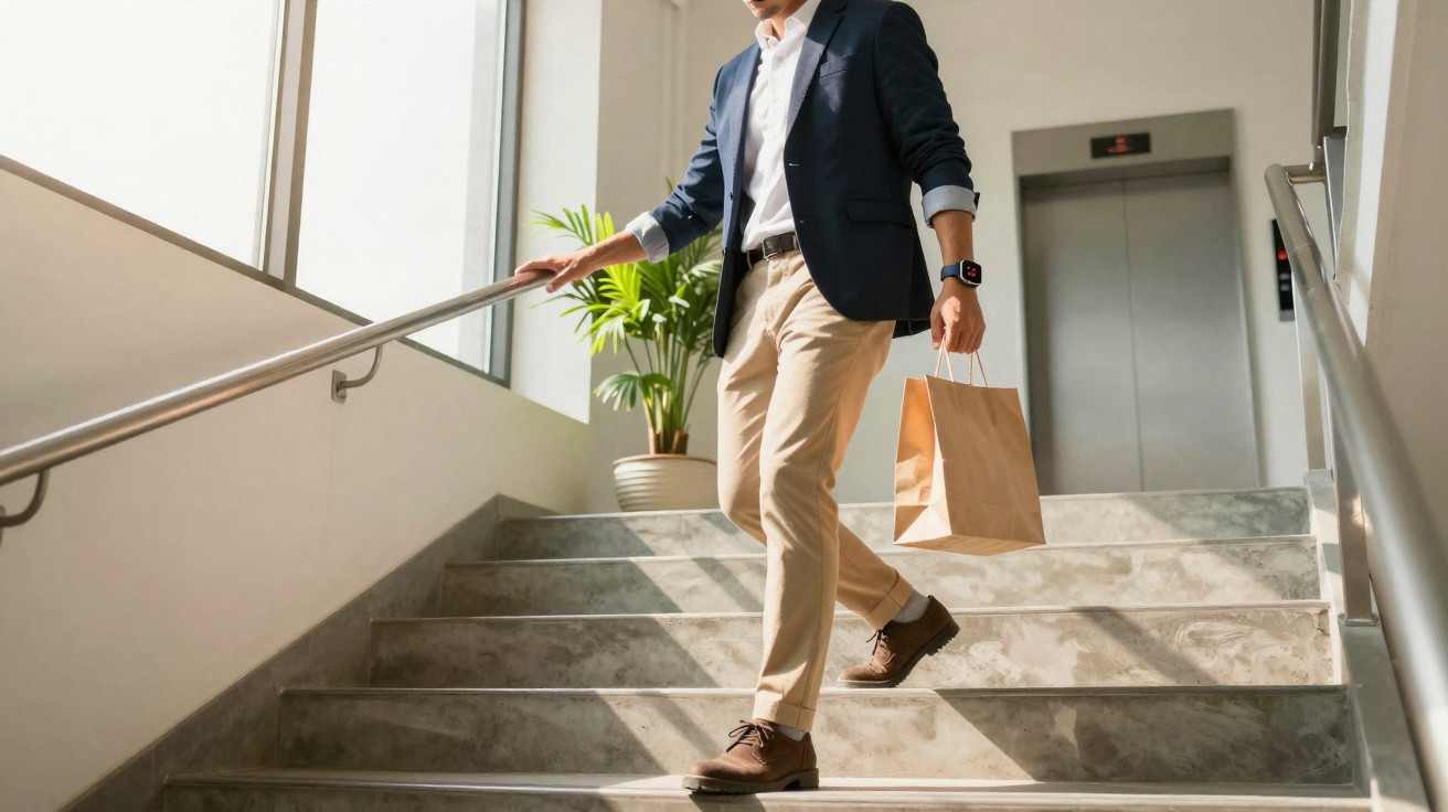 Man in smart casual clothing holding a paper bag walking down indoor stairs near elevator and plant.