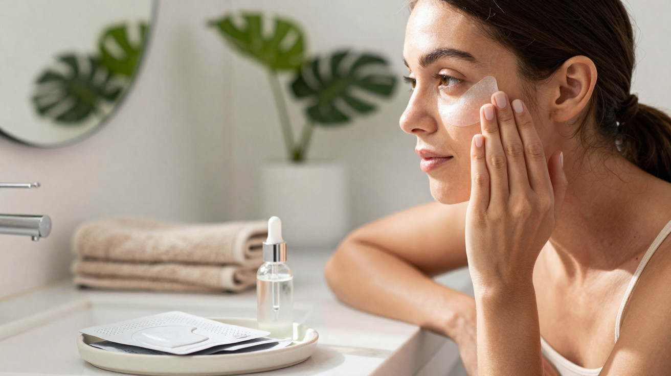 Woman applying skincare cream on her cheek in a bathroom with folded towels and a dropper bottle on the counter.