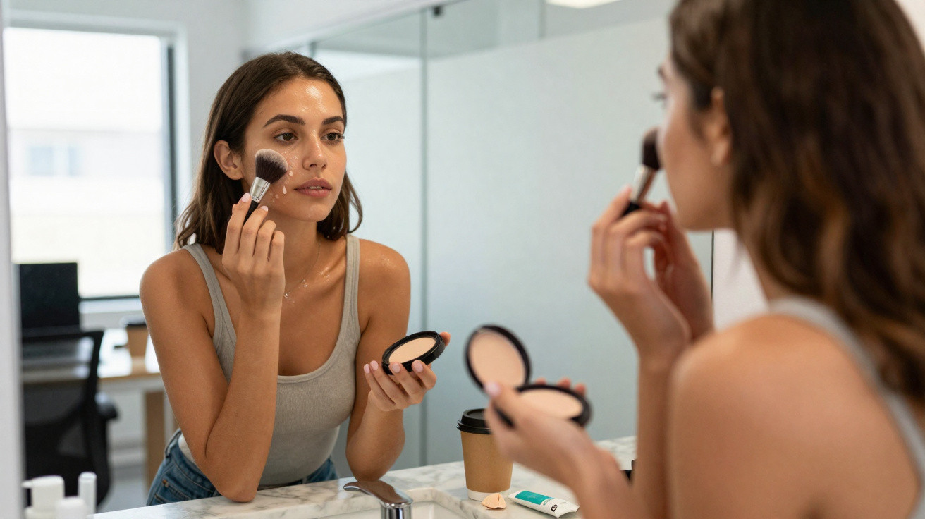 Young woman applying makeup with a brush in front of a bathroom mirror.