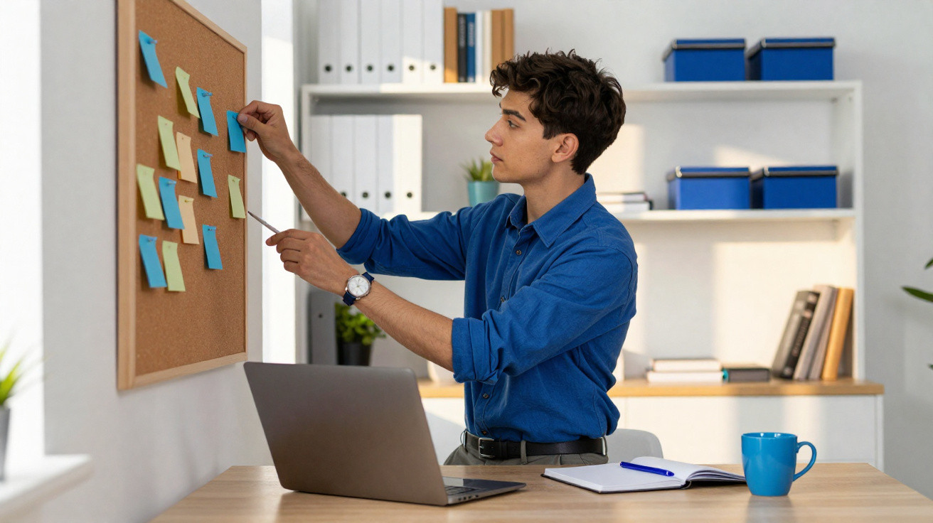 Young man in blue shirt organising sticky notes on a corkboard in a modern office workspace.