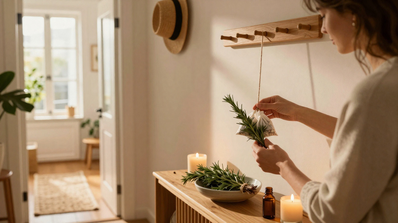 Woman hanging a sachet with rosemary on a wooden coat rack in a softly lit hallway with candles and décor.