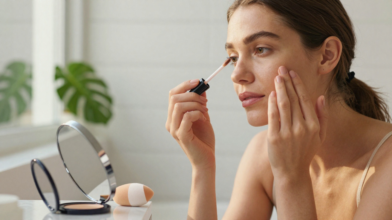 Young woman applying makeup near a mirror in a bright room with natural light and plants.