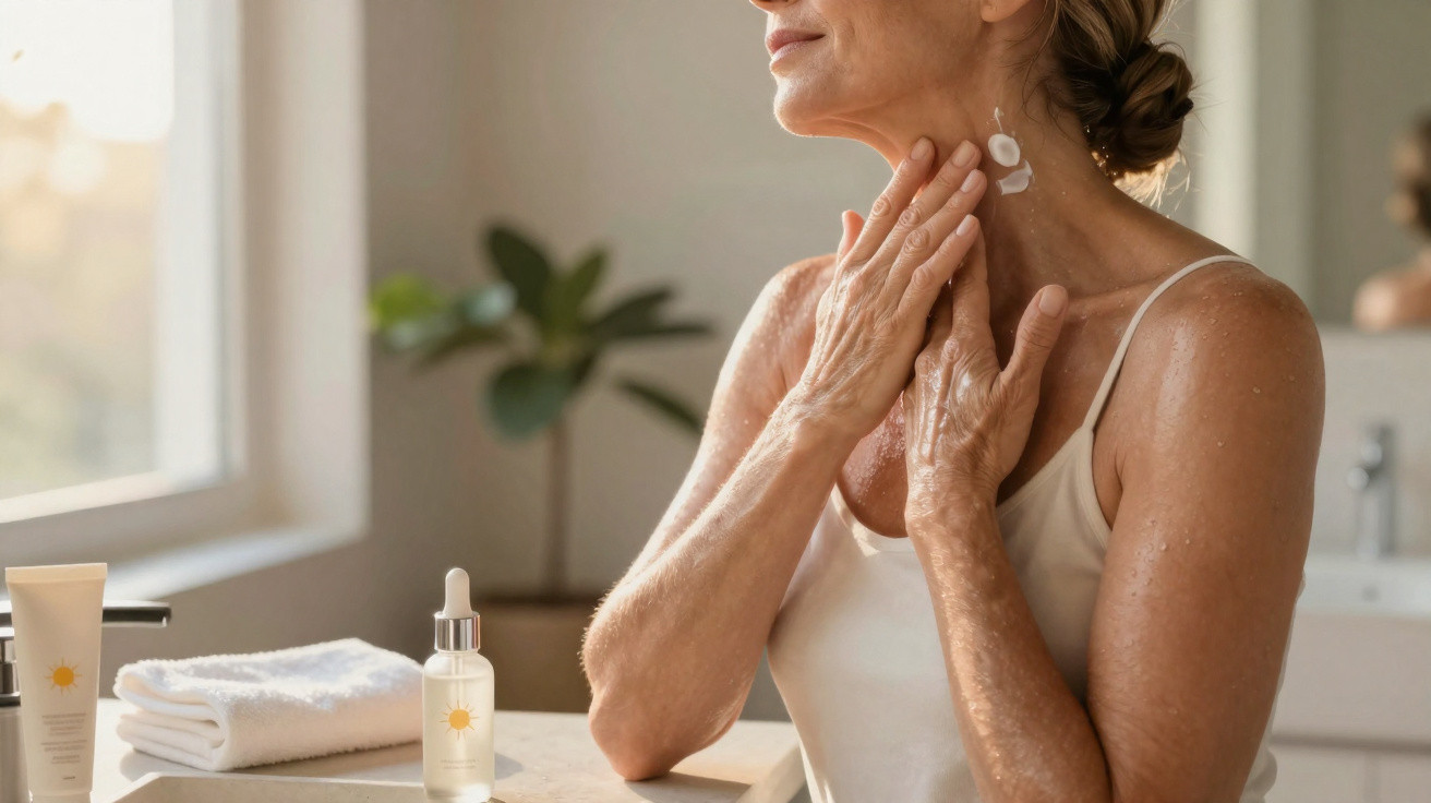 Middle-aged woman applying skincare cream to her neck in a bright bathroom with skincare products nearby.