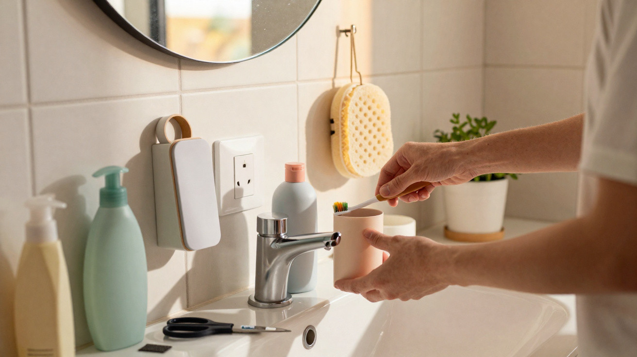Person holding toothbrush and cup by bathroom sink with toiletries and round mirror above.