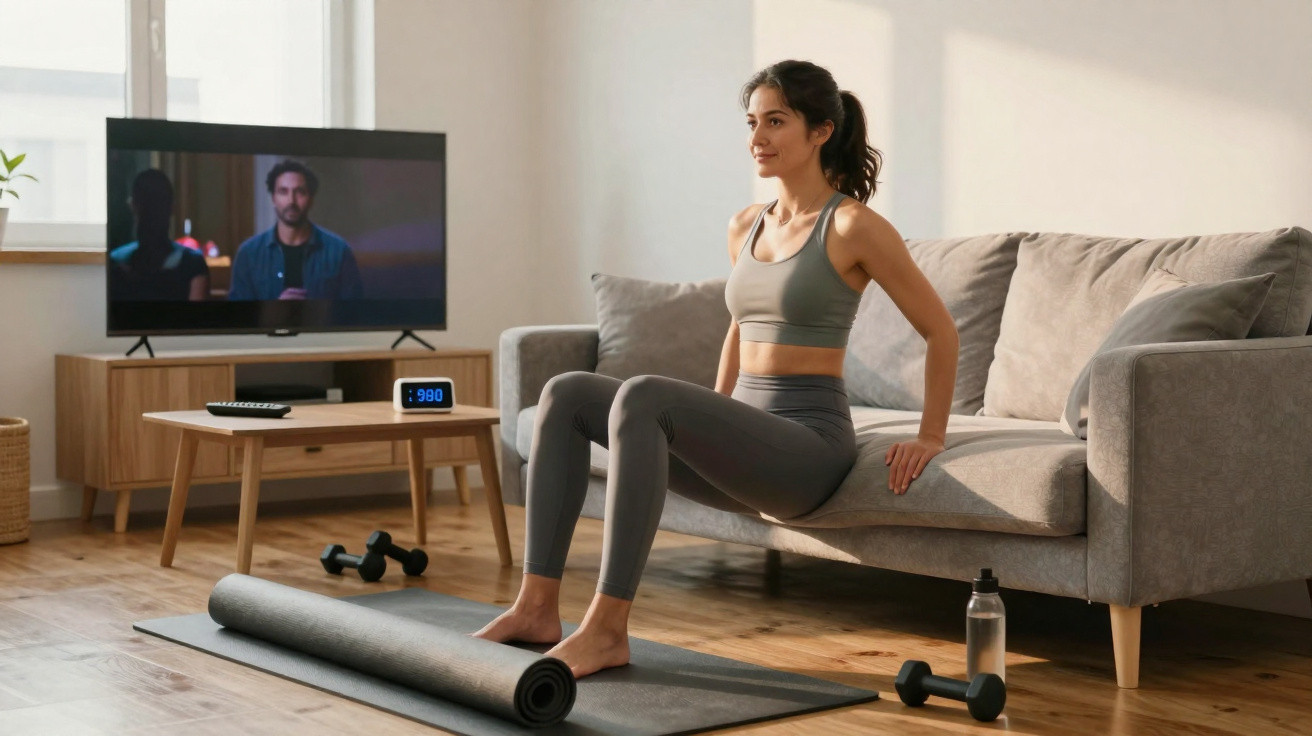 Woman in sportswear doing tricep dips on a sofa in a bright living room with fitness equipment nearby.