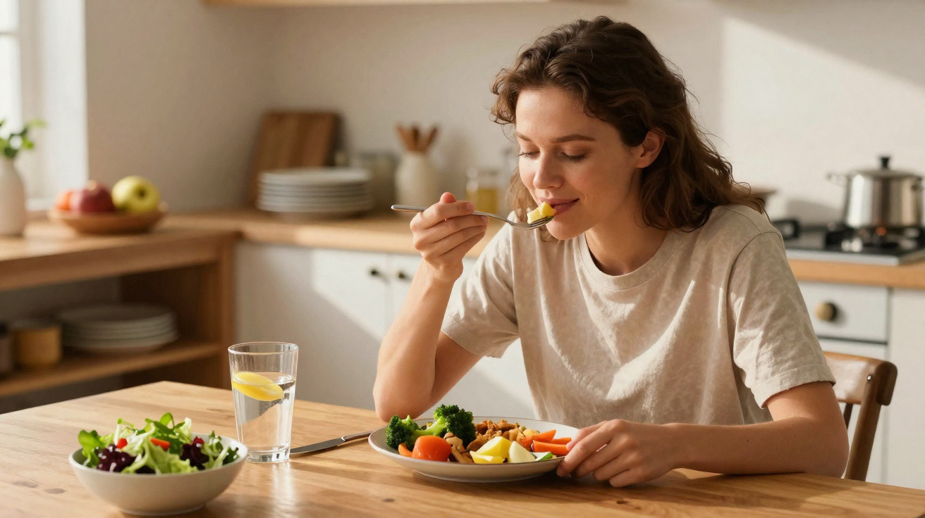 Woman enjoying a healthy meal at a wooden kitchen table with a glass of lemon water and salad bowl nearby.