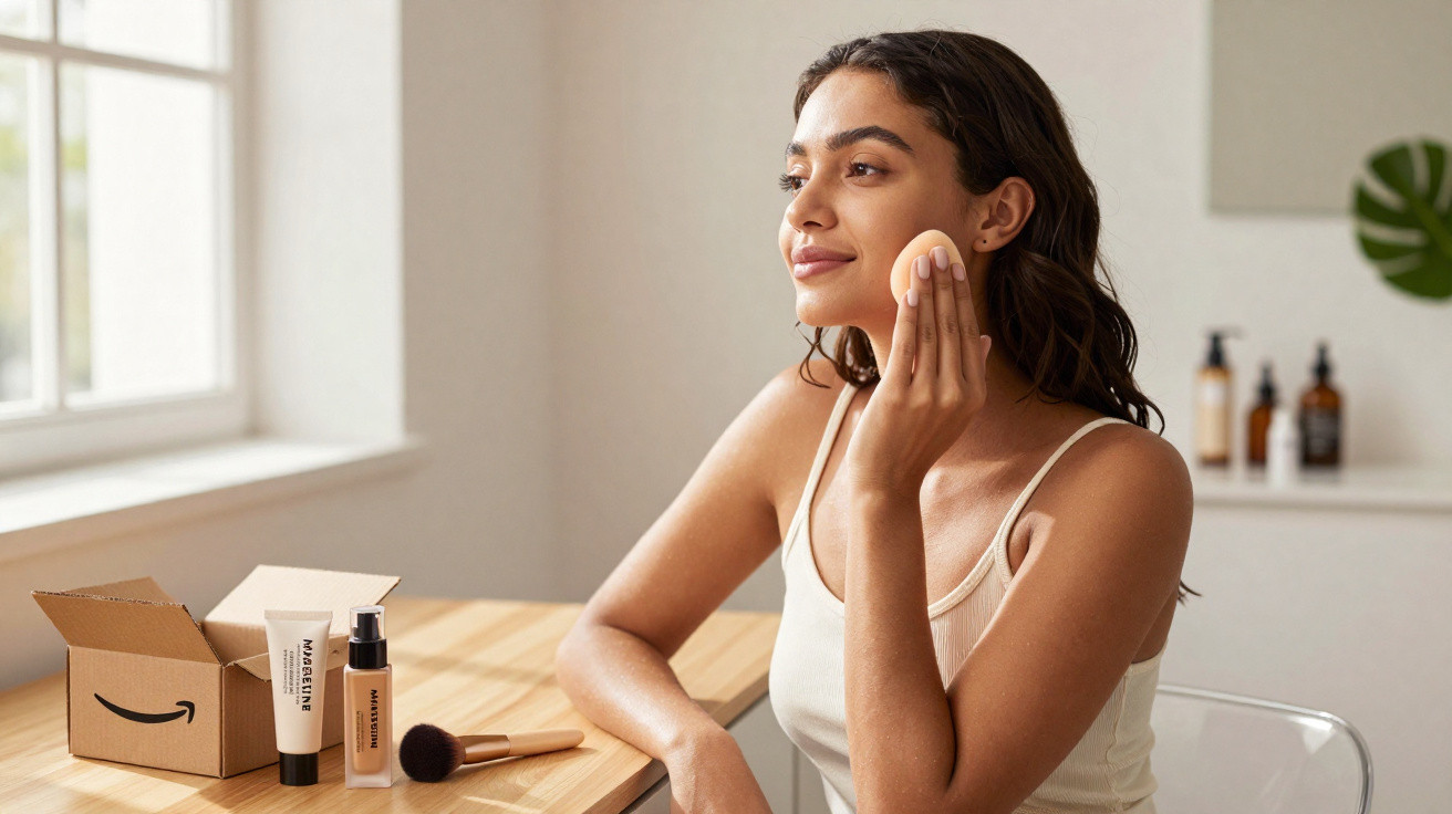 Young woman applying makeup with a sponge in a bright room, next to Amazon package and cosmetics.