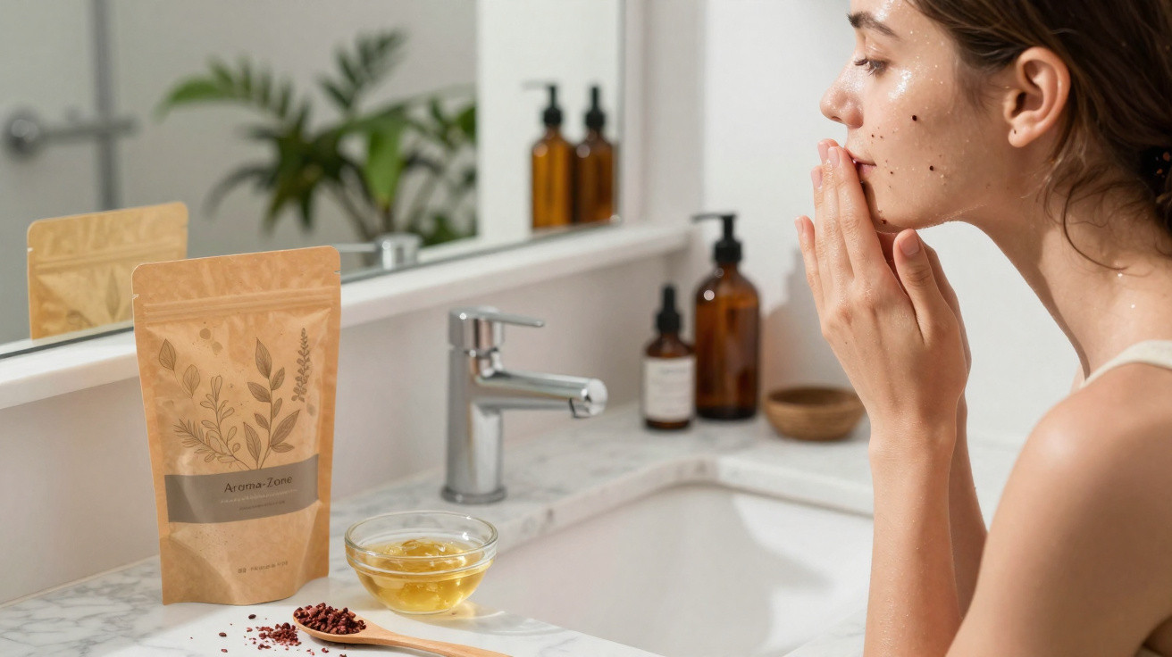 Woman with a facial scrub on her face, standing by a bathroom sink with skincare products and a mirror.